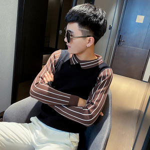 秋冬社会小伙假两件翻领针织衫套头毛线衣潮 A343-MY26-P68 咖1图片