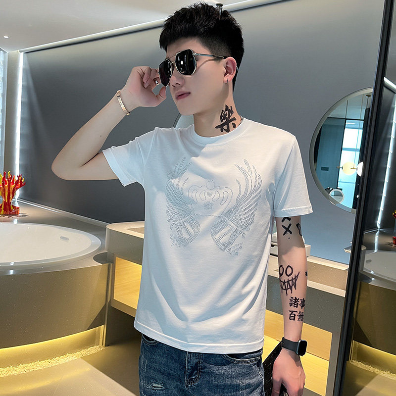 TX255-P45控65夏季短袖T恤衫社会小伙修身烫钻半袖tee潮黑色,男装T恤,电商A343