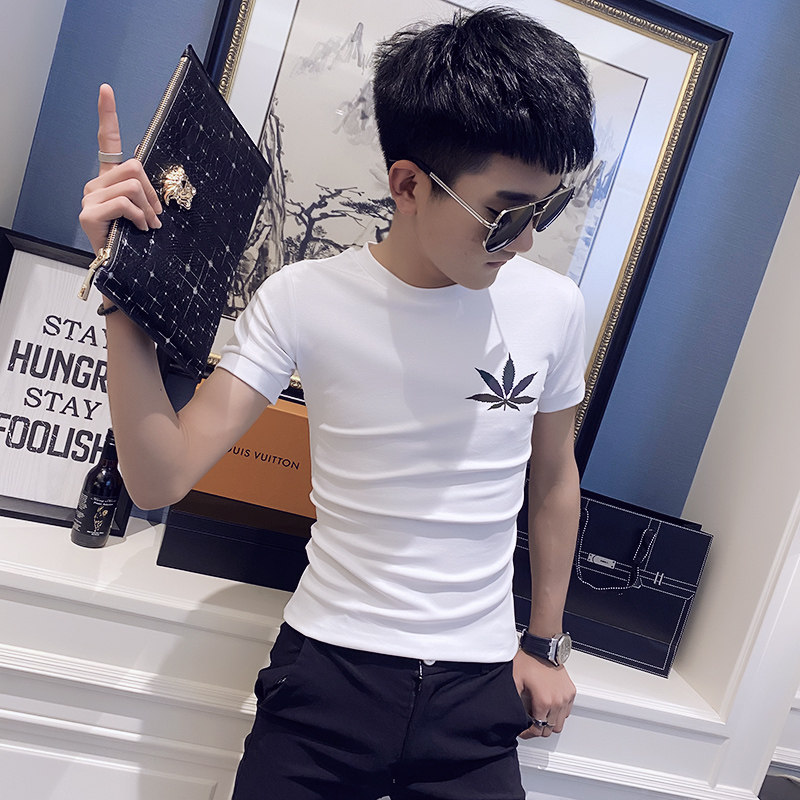 社会小伙夏季反光短袖T恤半袖修身tee白TX141-P38控58,男装T恤,电商A343