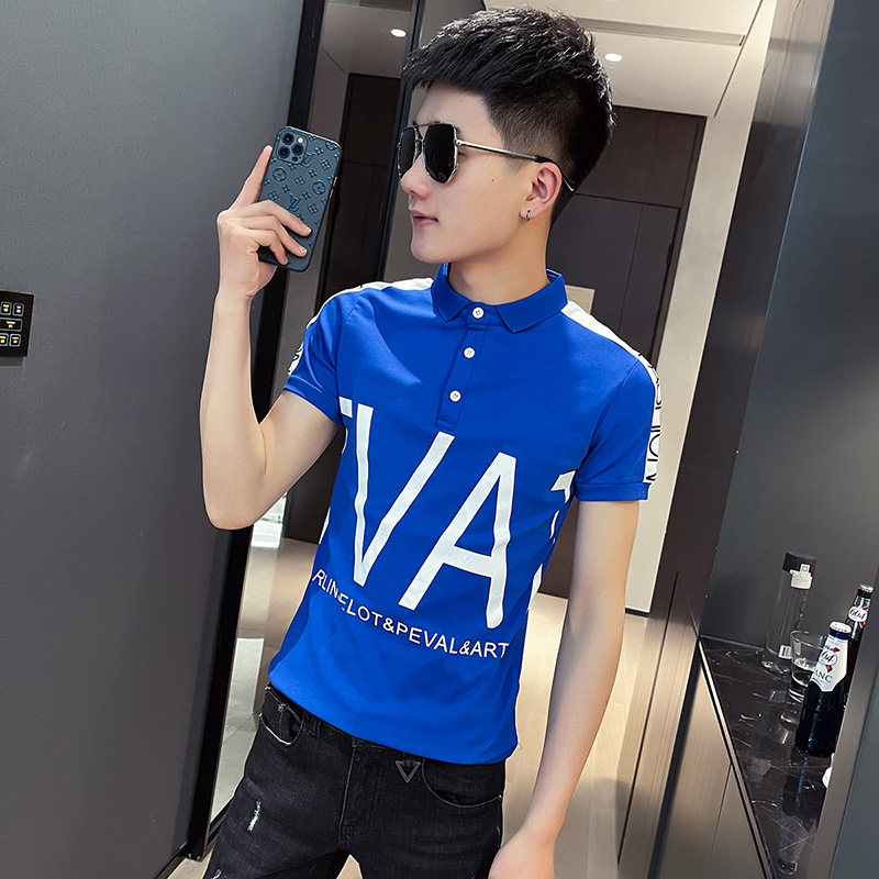 2021新款社会小伙修身短袖polo衫PL61-P45控65蓝，男装Polo衫，电商A343