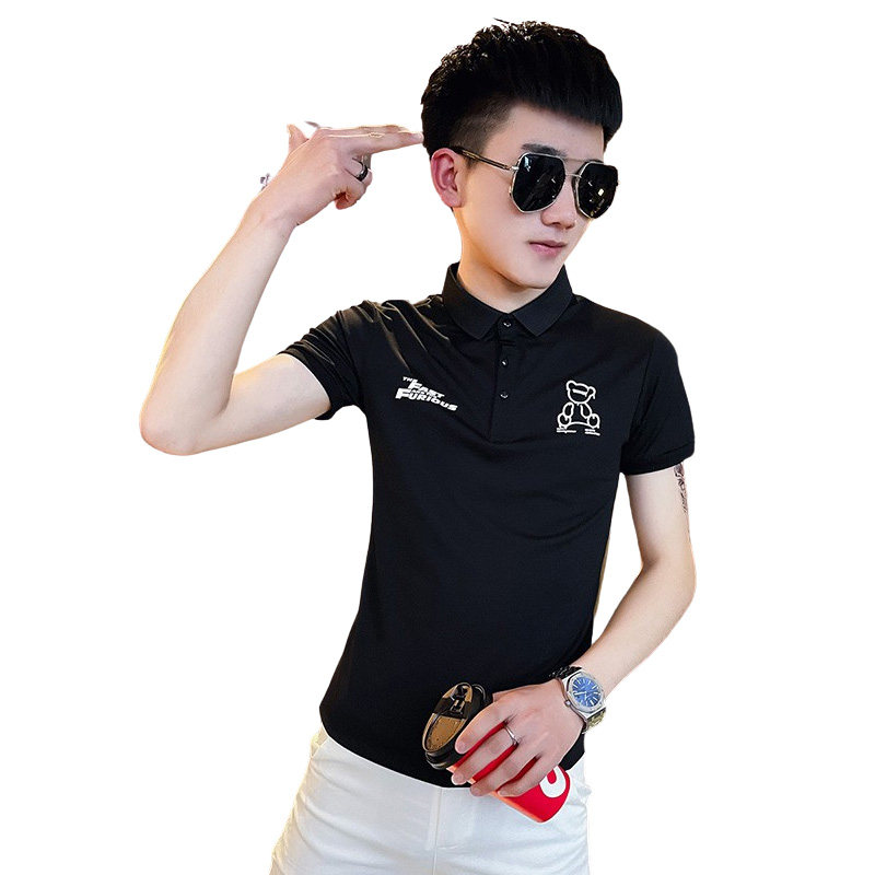 PL64社会小伙修身印花短袖polo衫白,男装Polo衫,电商A343