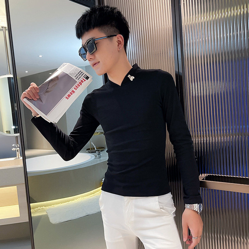 T秋季社会小伙修身打底衫长袖T恤男潮流白1,男装T恤,电商A343