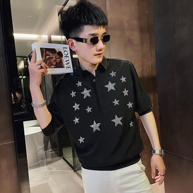 CS159社会小伙星星烫钻套头七分袖衬衫花衬衣男潮白,男装衬衫,电商A343