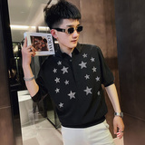 CS159社会小伙星星烫钻套头七分袖衬衫花衬衣男潮白，男装衬衫，电商A343