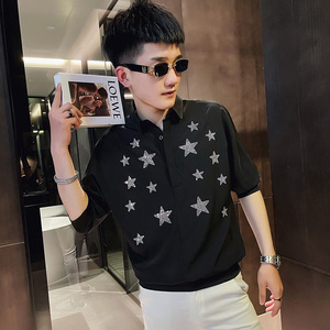 CS159 社会小伙星星烫钻套头七分袖衬衫花衬衣男潮 白图片
