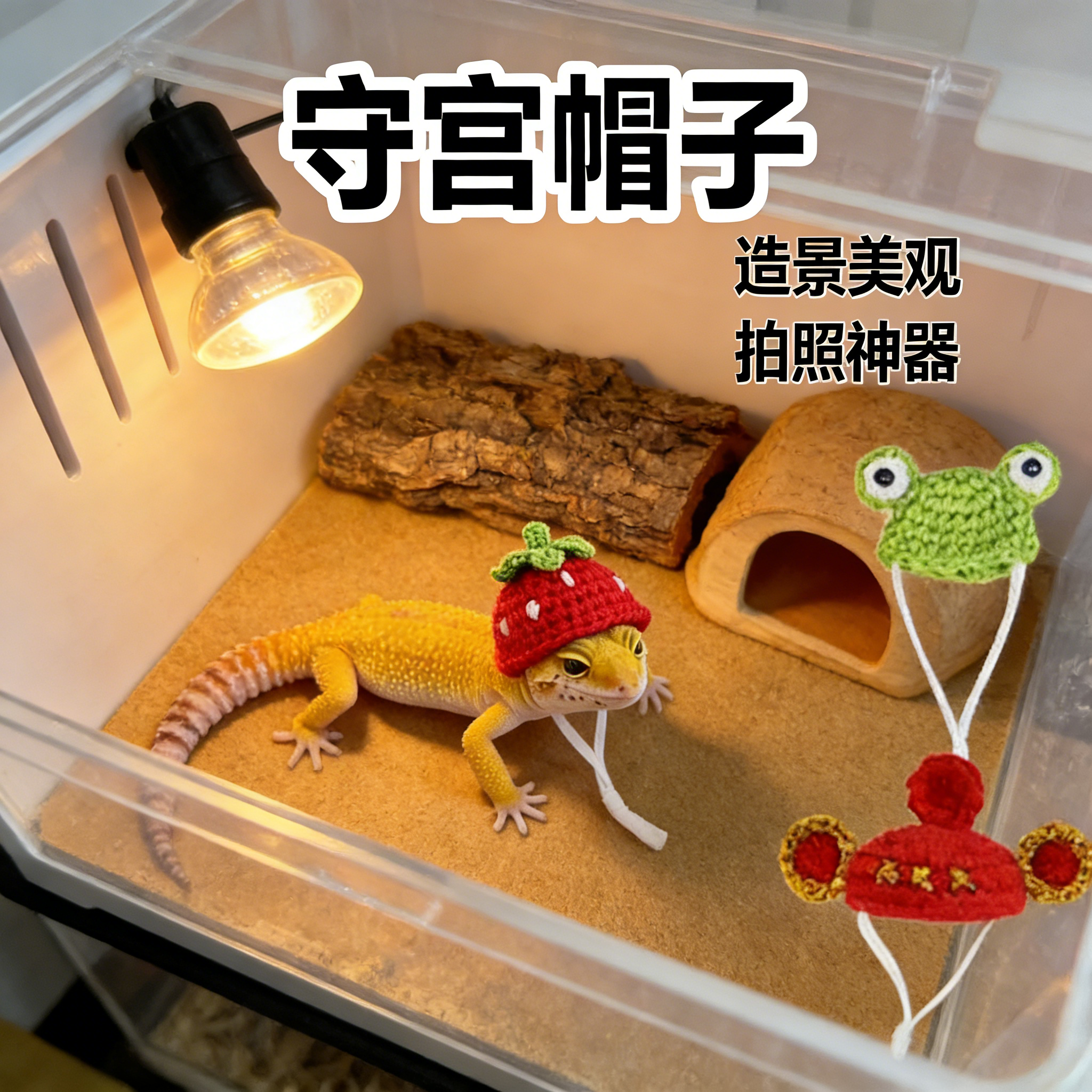 守宫帽子毛线针织头套睫角豹纹蜥蜴可爱迷你爬宠专用装饰装扮用品