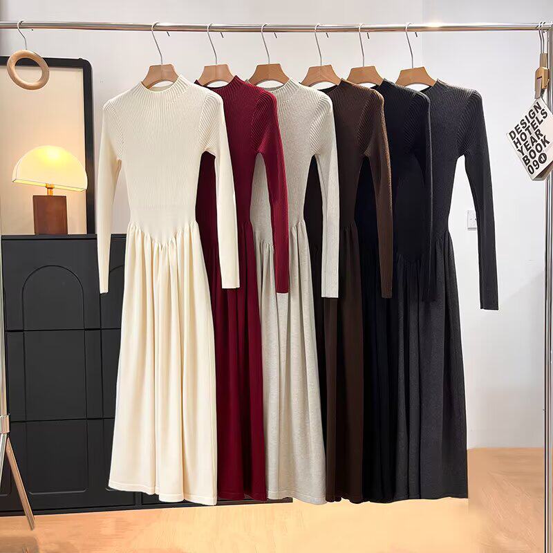 外贸女装秋冬显瘦半高领长袖坑条针织连衣裙休闲中长款大摆毛衣裙