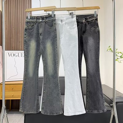 外贸女装韩版复古水洗做旧微弹时髦中高腰显瘦喇叭牛仔裤女长裤