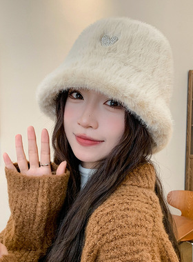冬季毛绒渔夫帽子女加绒加厚保暖护耳盆帽大头围显脸小水桶帽