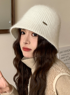 兔毛针织渔夫帽女秋冬季日系百搭显脸小保暖护耳盆帽级感水桶帽