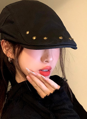 复古铆钉前进帽女春秋季薄款百搭遮阳防晒鸭舌贝雷帽英伦风画家帽