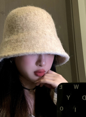 羊毛呢渔夫帽子女秋冬日系素颜百搭保暖显脸小盆帽洋气时尚水桶帽