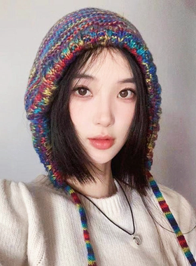 秋冬季彩虹毛线帽子女韩版潮撞色拼接显脸小针织帽保暖护耳包头帽