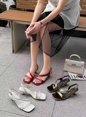 珀莱丽2026新款时尚网红凉鞋拖鞋中跟时尚百搭真皮女鞋555-96