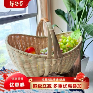 竹编手提篮野餐篮手工编织竹制品水果篮外出游玩采摘篮大号竹筐