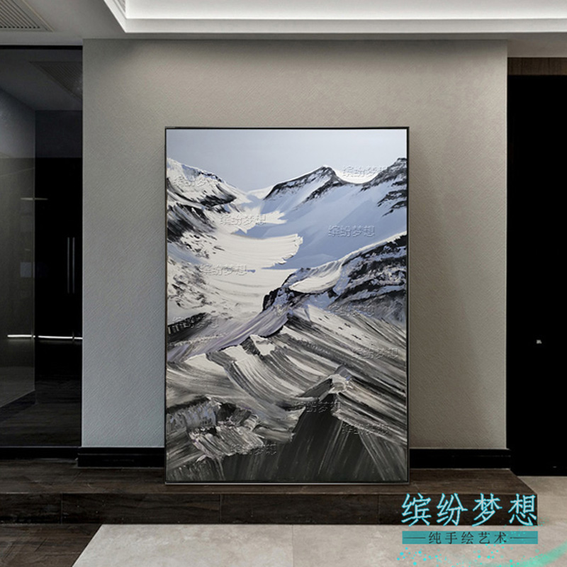 纯手绘高山景油画黑白灰蓝简约挂画