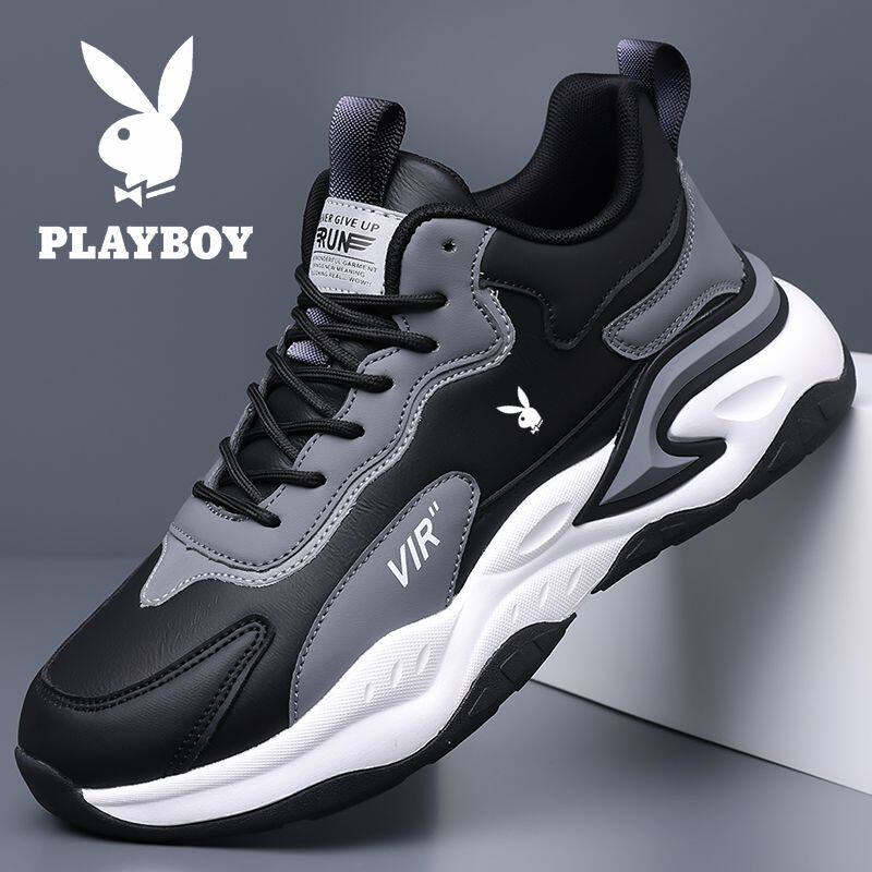 花花公子男鞋春季新款男士休闲跑步鞋皮面防滑轻便运动鞋