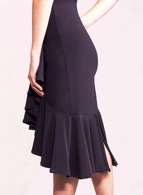 异国舞蹈精品包臀斜边百褶荷叶开叉国标舞交谊舞拉丁练习裙S17005