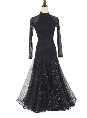 摩登舞连衣裙女国标舞新款小高领露背长袖华尔兹练习交谊舞大摆裙