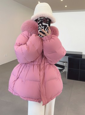 银狐狸毛领抽绳连帽羽绒服女