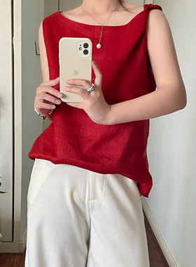 两面穿扭结设计感亚麻无袖背心女装夏季新款自由感双层无明骨上衣