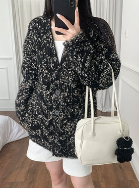 黑色混色宽松版型人字纹理毛针织开衫V领宽松厚外套女装秋冬新款