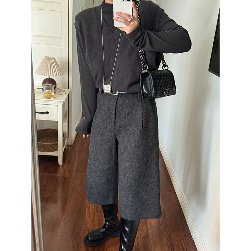 精纺绵羊毛双面呢复古亲肤双褶裥宽松阔腿率性毛呢中裤女秋冬新款,女装/女士精品,休闲裤,淘宝优惠券,粉丝福利购,淘宝优惠卷