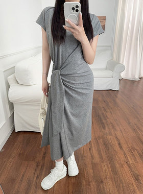 围裹式T恤短袖连衣裙灰色绑带修身连衣裙休闲收腰长裙女装夏新款