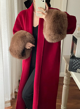 过年大红色狐狸毛袖口双面羊毛大衣2024新款长款手工澳毛外套新娘