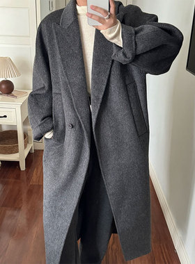 灰色高级感双面呢绵羊毛廓形茧型大衣女冬新款韩版中长款过膝外套