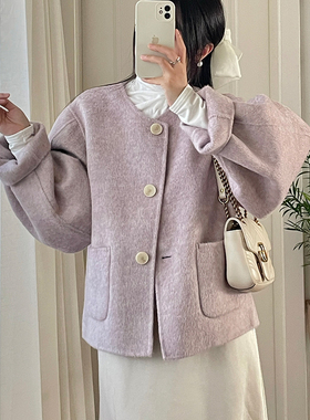 紫色双面羊绒短大衣女冬2024新款韩系宽松桑蚕丝羊毛外套毛呢斗篷