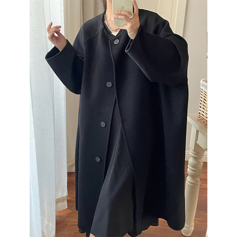 中古插肩袖廓形双面呢大衣女秋冬新款宽松韩版中长款毛呢羊毛外套