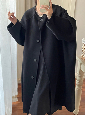 中古插肩袖廓形双面呢大衣女秋冬新款宽松韩版中长款毛呢羊毛外套