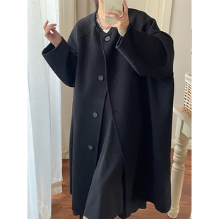 中长款 宽松韩版 毛呢羊毛外套 廓形双面呢大衣女秋冬新款 中古插肩袖