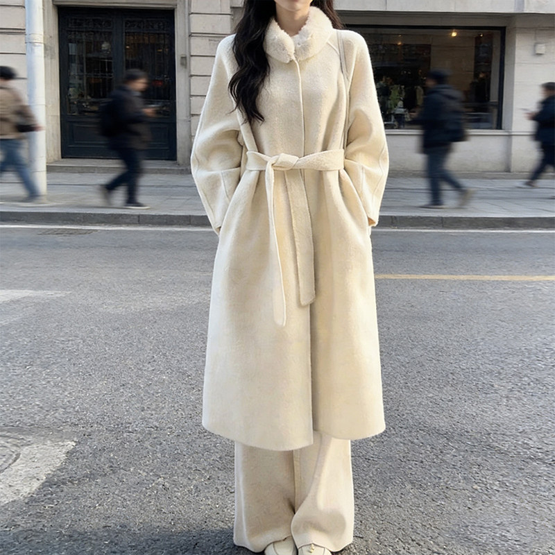 冬季羊毛水貂领拼接手工双面羊毛呢大衣女新款减龄显瘦中长款外套