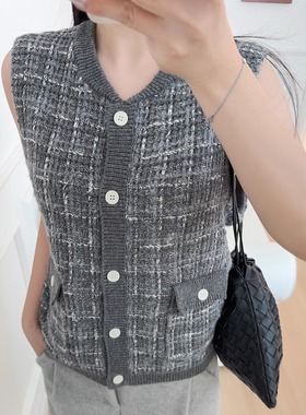 灰色小香风马甲绵羊毛混纺花纱针织开衫背心气质上衣女装秋冬新款
