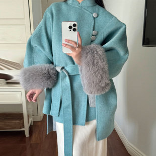 表象抒情诗重磅全羊毛狐狸毛领古典色斗篷双面呢子大衣女装冬新款