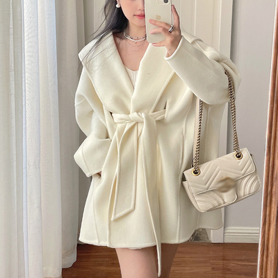 气质白色斗篷连帽羊毛呢外套女冬