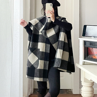 格纹斗篷披肩蒙田 复古气质百搭口袋围巾外套 枫羊毛呢子大衣法式