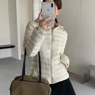 排骨连帽小蛮腰白鸭绒羽绒服纯色简约收腰短款修身女装秋冬季新款