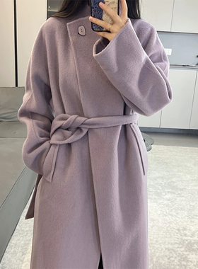 松弛感一粒扣立领晨雾紫色100绵羊毛双面呢手工大衣外套女秋冬季