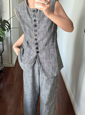 老钱风棉麻套装女装夏新款休闲气质亚麻背心马甲上衣长西裤两件套
