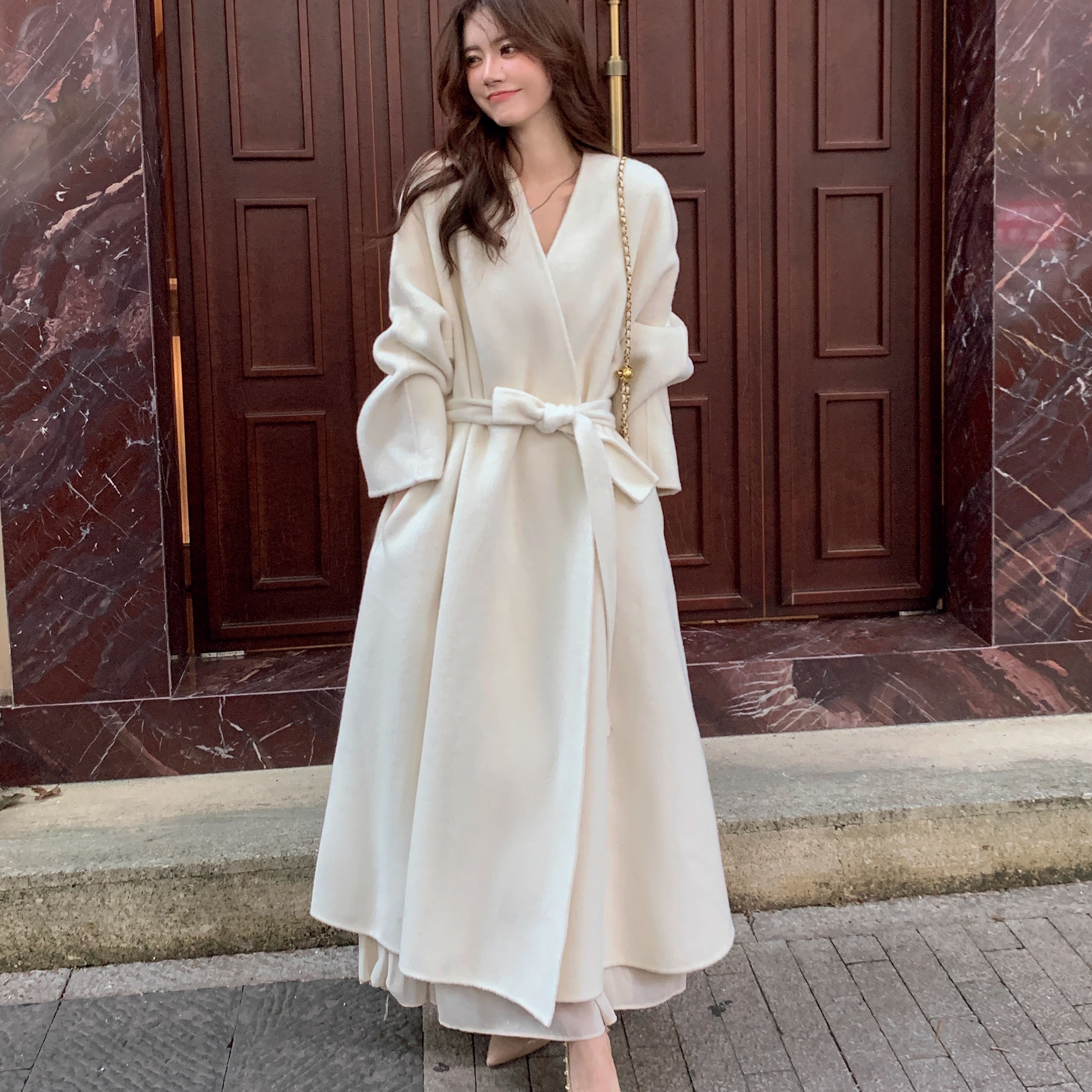 白色大衣中长款双面羊绒呢子外套