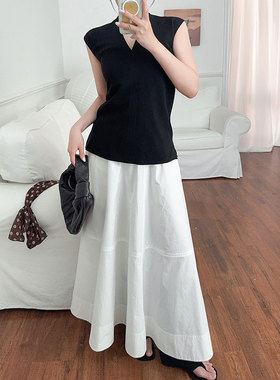 黑色无袖流苏背心V领气质上衣白色长款半身裙套装女休闲夏季新款