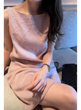 法式亚麻亮闪粉U领吊带连衣裙