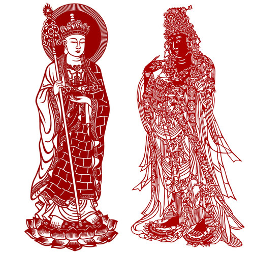 高清佛像人物手工剪纸图样素材黑白打印底稿 观音 玄奘 刻纸稿2张