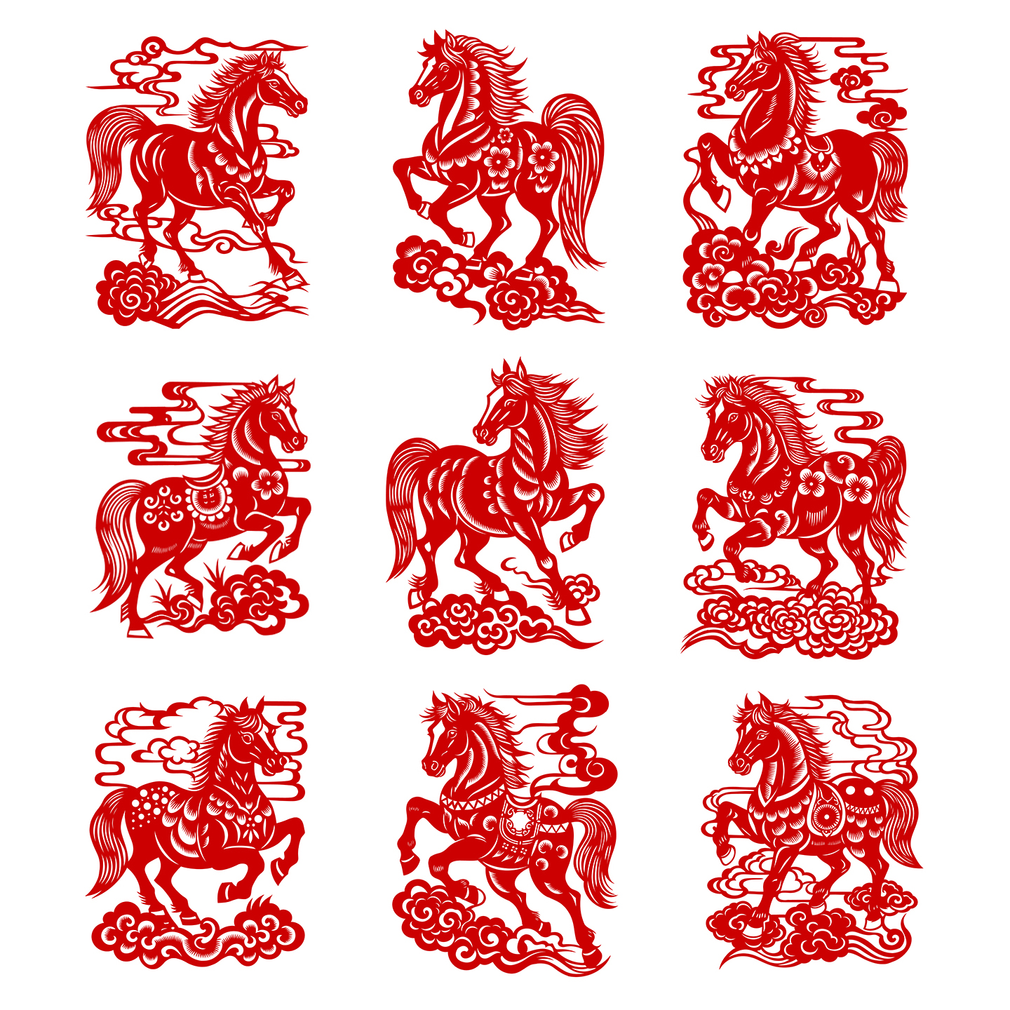 马年剪纸图样9张刻纸底稿图案