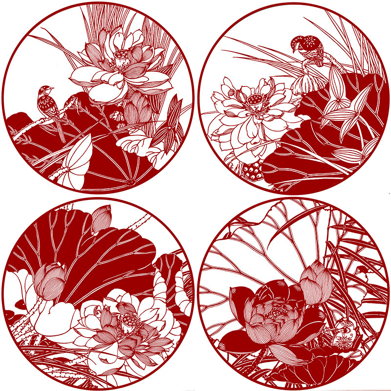 高清荷花团扇剪纸底稿国画花鸟手工刻制图样窗花图案打印底稿4张