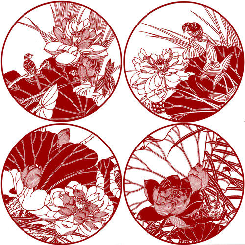 高清荷花团扇剪纸底稿国画手工