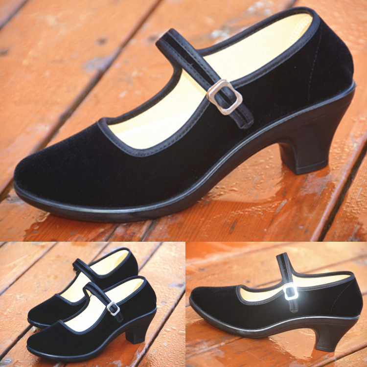 黑平绒工装一带女鞋 小跟中跟黑色工作鞋酒店宾馆饭店老北京布鞋